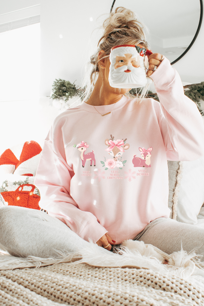 Cozy Very Cutesy Very Demure  Pink Reindeer Christmas Sweatshirt