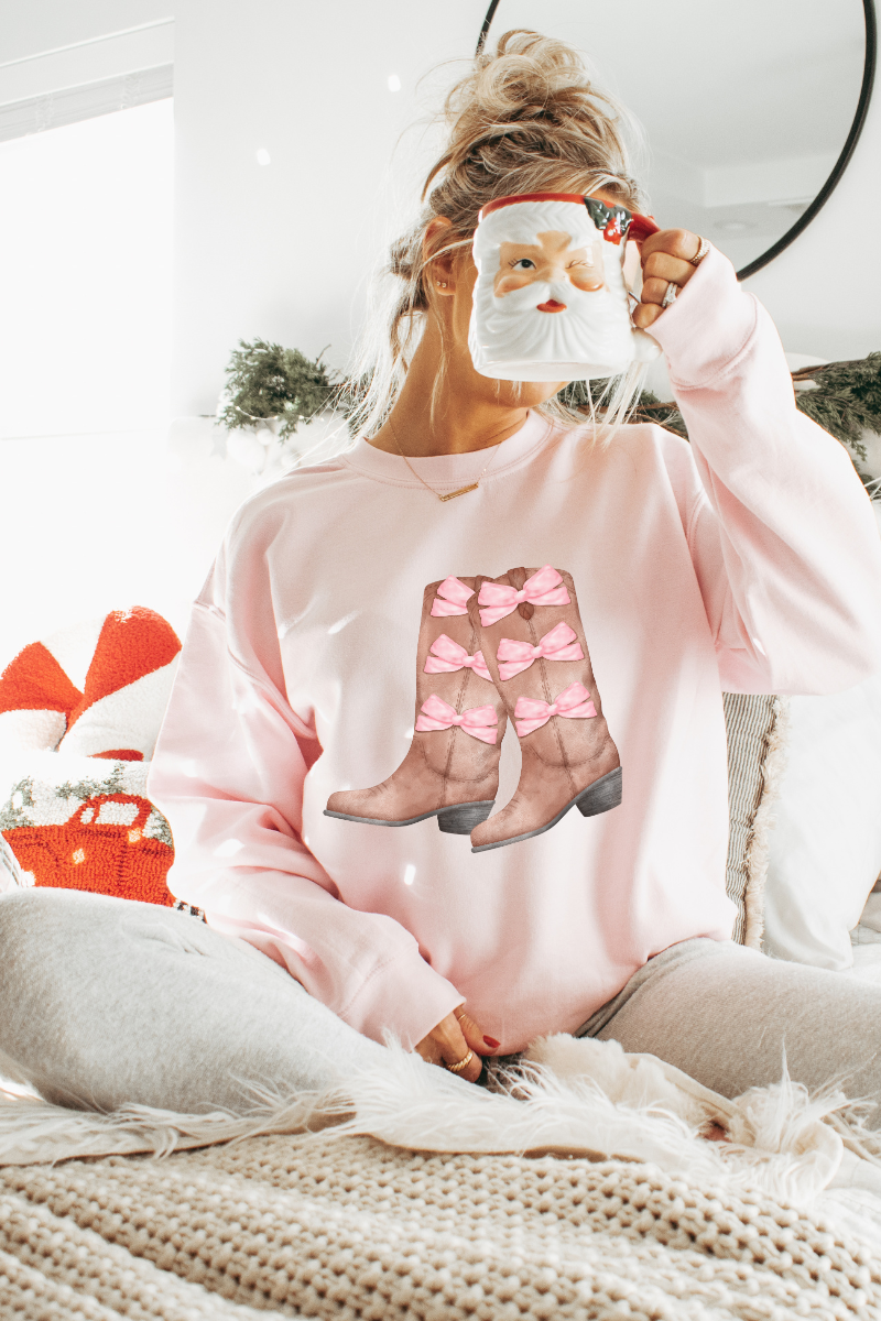 Coquette Cowgirl Boots & Pink Bows Sweatshirt