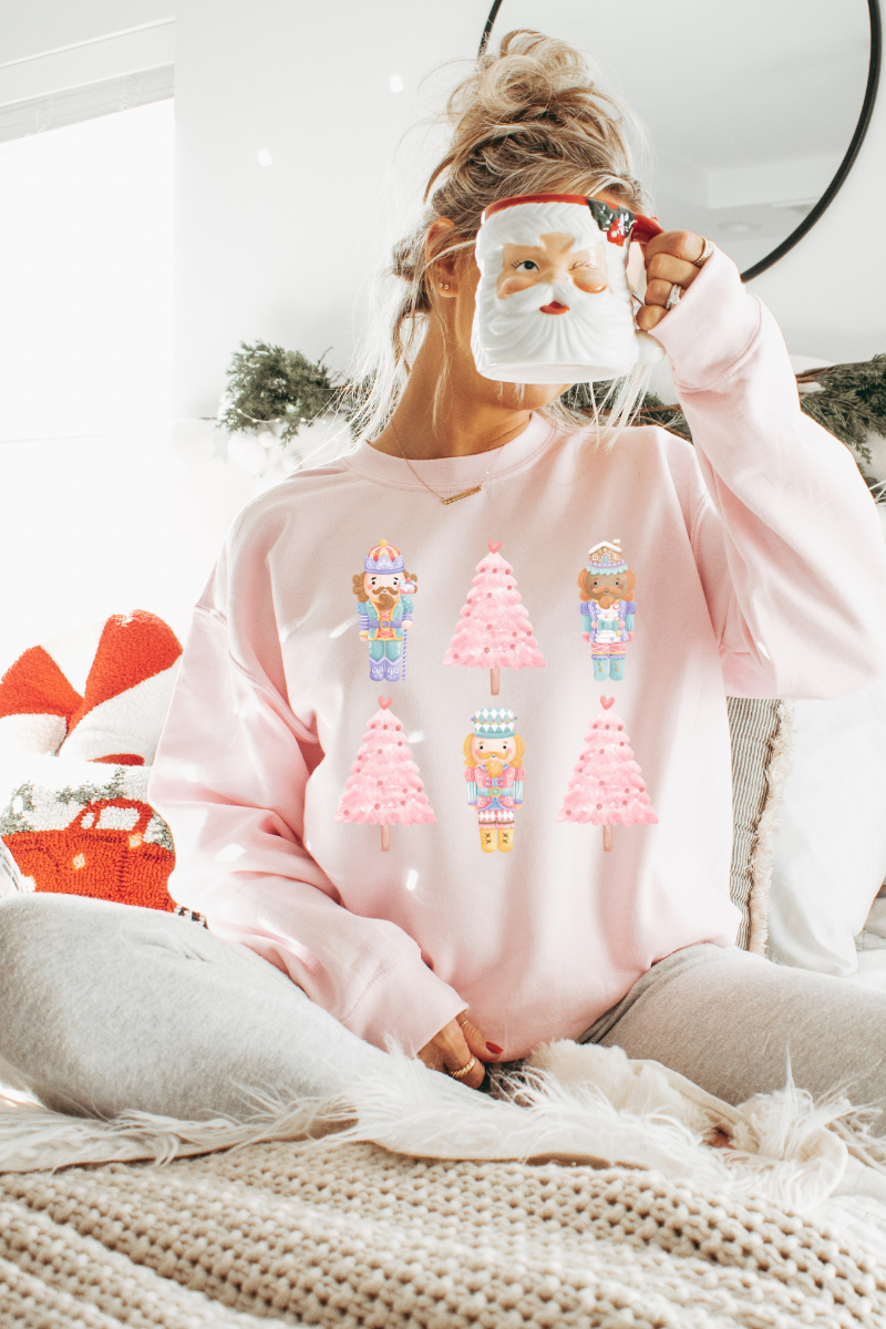 Pink Nutcracker & Coquette Christmas Tree Sweatshirt