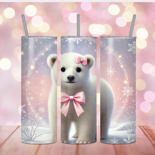 Adorable Polar Bear with Pink Bow  – 20oz Skinny Tumbler