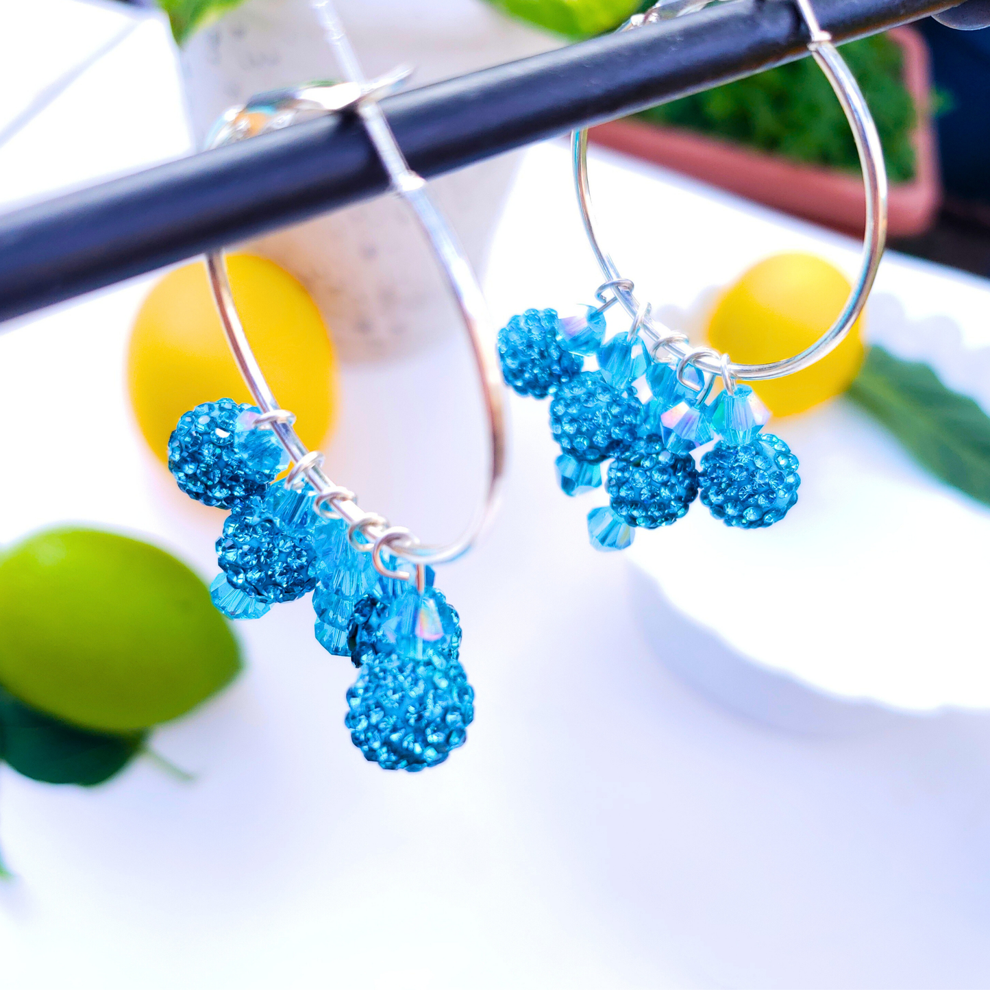 Blue Crystal Hoop Earrings - Ocean Breeze Summer Style