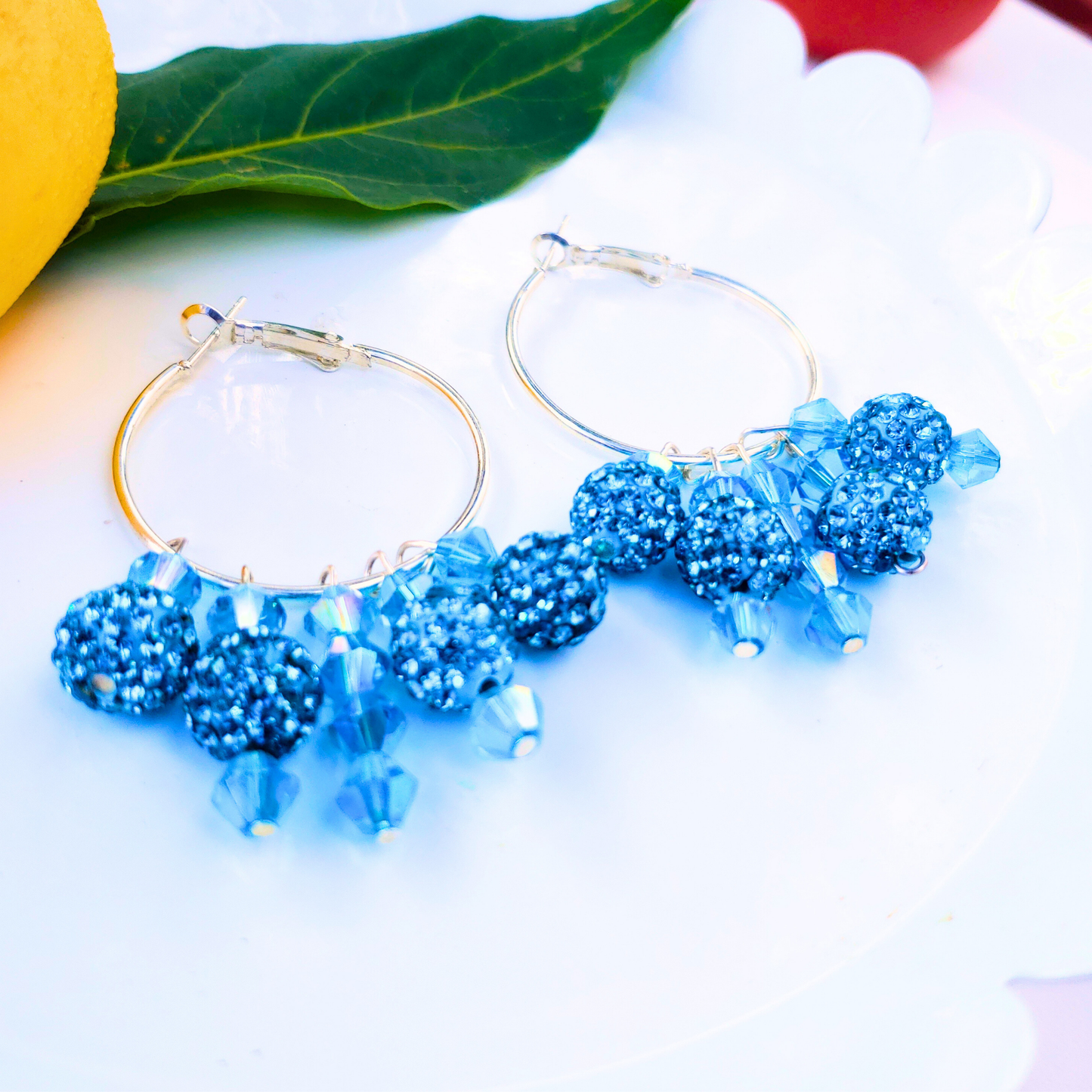 Blue Crystal Hoop Earrings - Ocean Breeze Summer Style