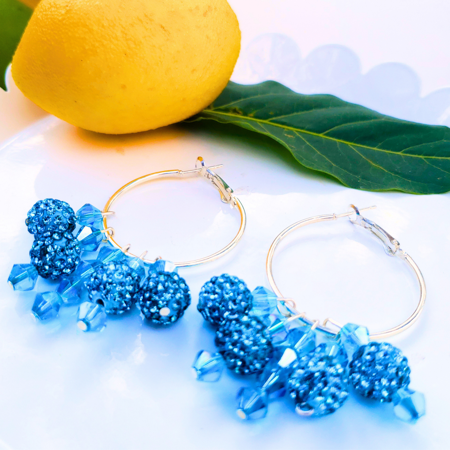 Blue Crystal Hoop Earrings - Ocean Breeze Summer Style