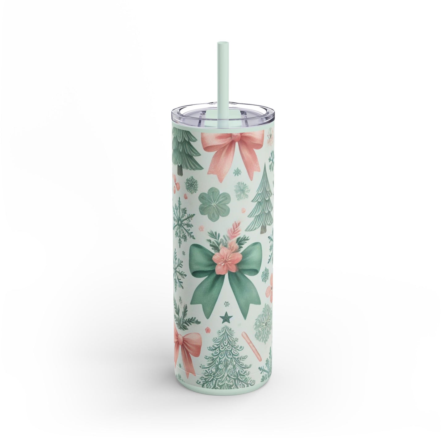 Festive Bow & Tree Skinny Matte Tumbler | 20oz Holiday Drinkware in Dusty Rose, Dusty Blue & Sea Glass