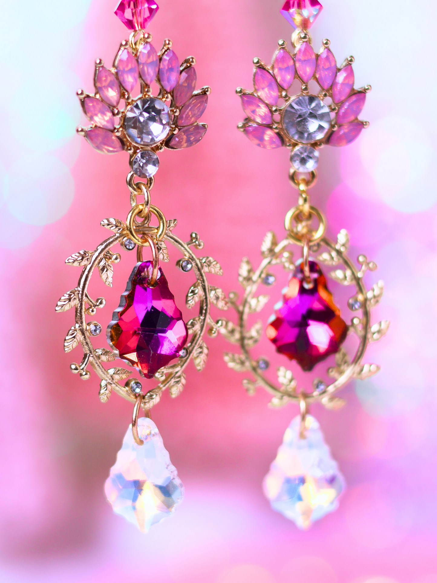 Pink Christmas Collection: Glamorous Pink Crystal Drop Earrings – Sparkling Elegance for the Holidays