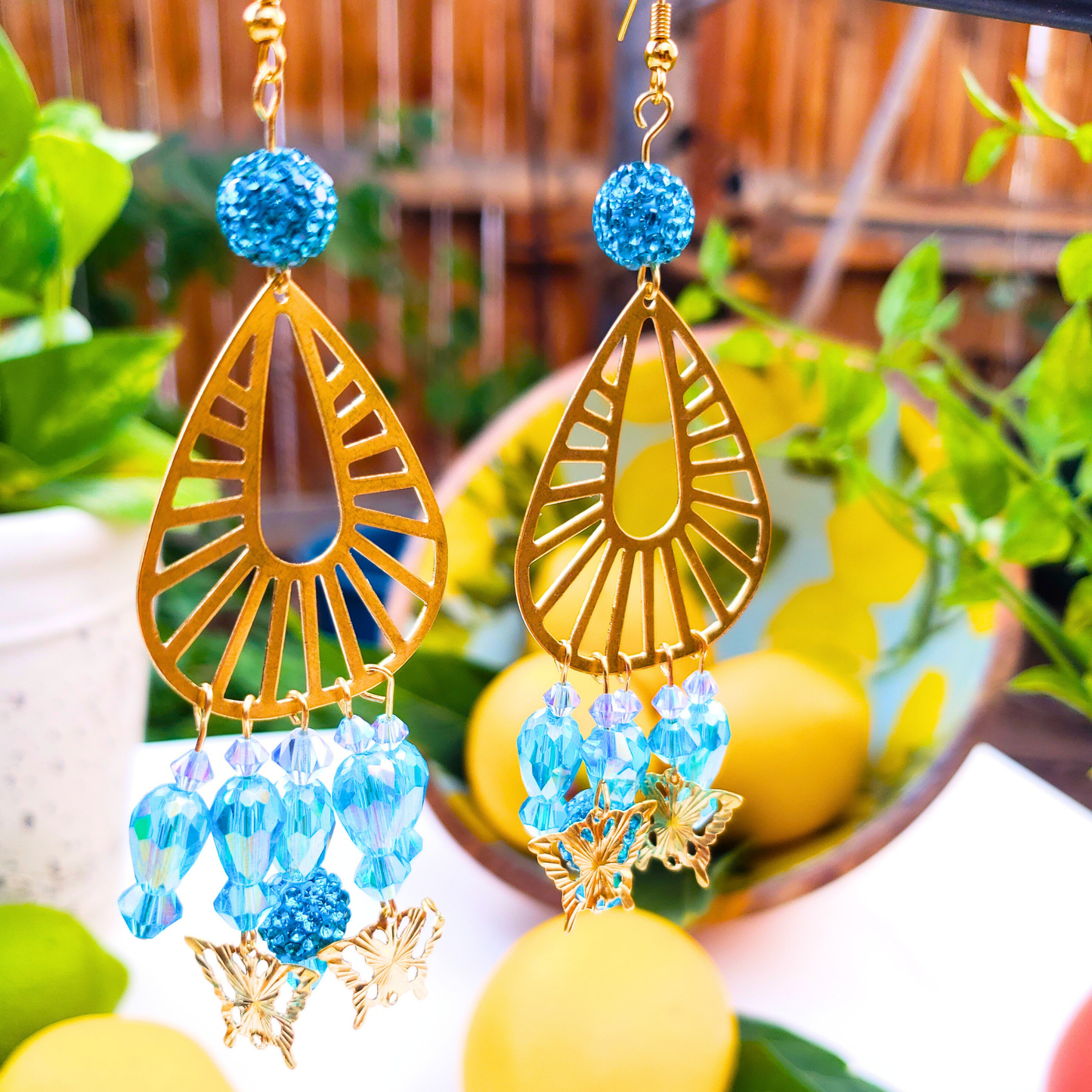 Golden Butterfly Chandelier Earrings with Blue Beads - Summer Elegance