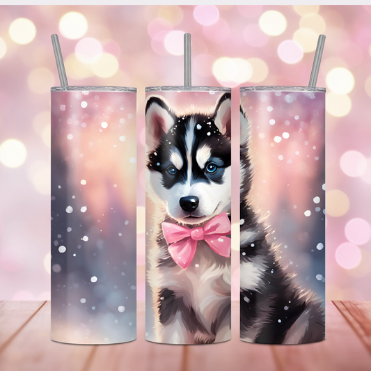 Pink Bow Siberian Husky – 20oz Glossy Skinny Tumbler