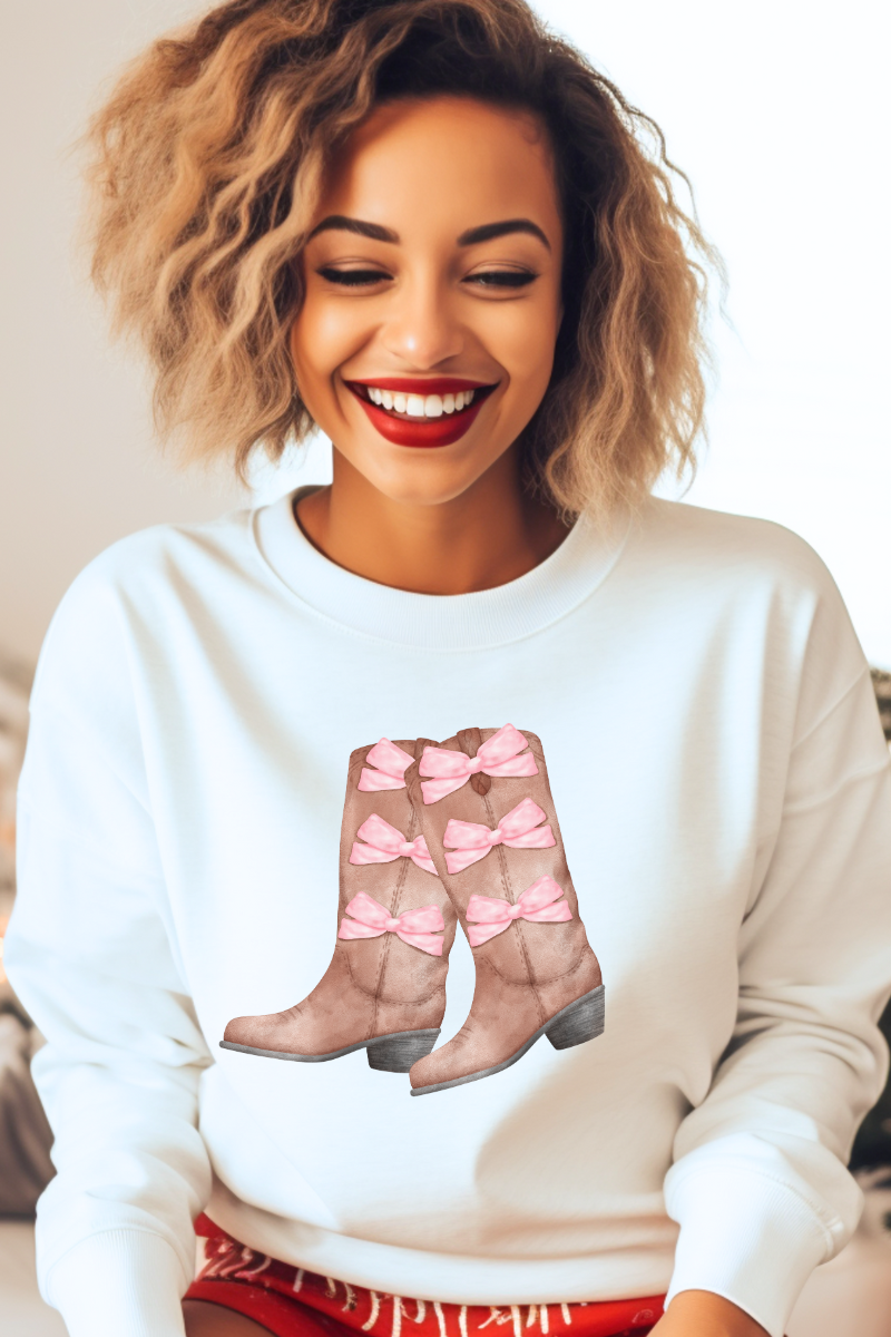 Coquette Cowgirl Boots & Pink Bows Sweatshirt