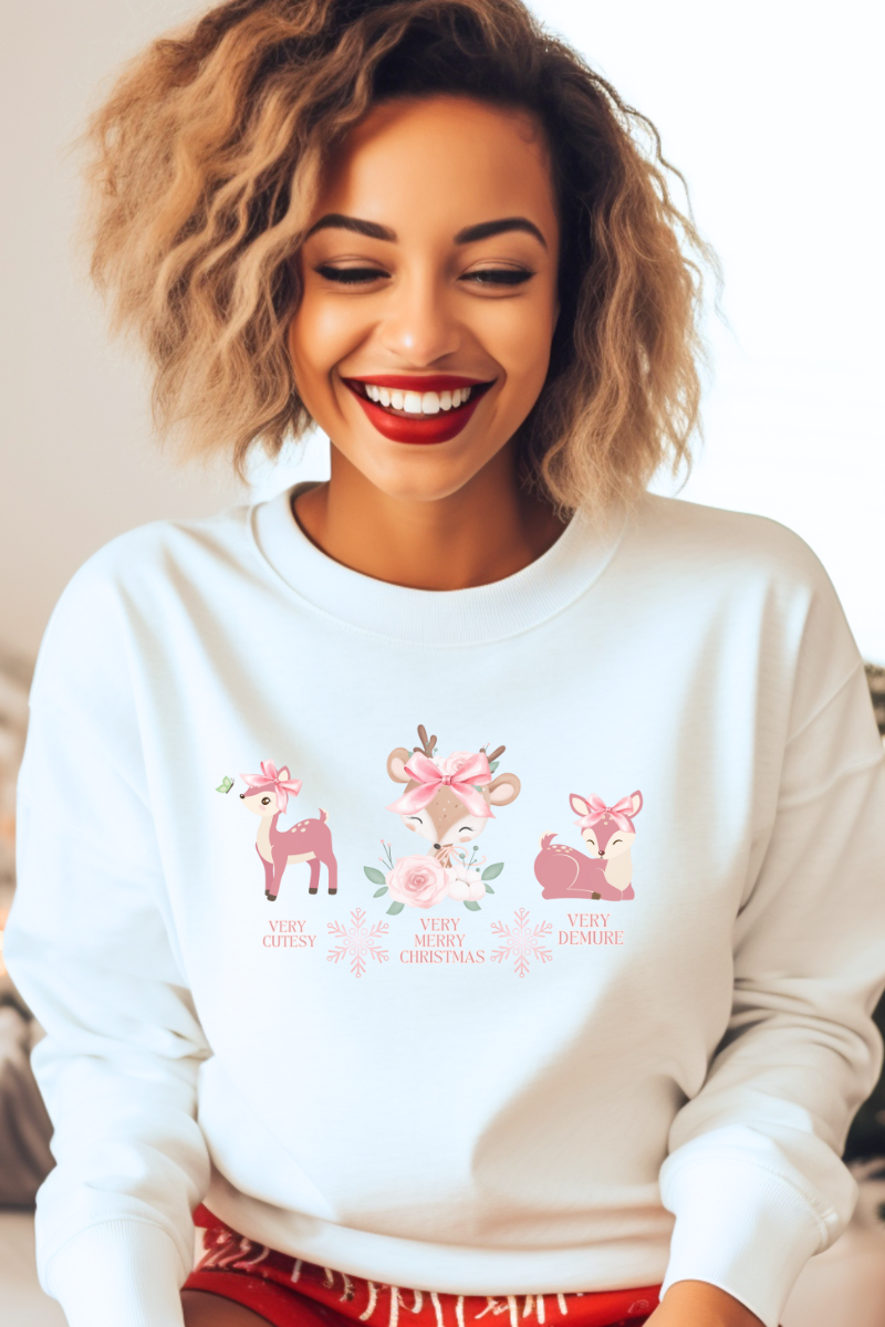 Cozy Very Cutesy Very Demure  Pink Reindeer Christmas Sweatshirt