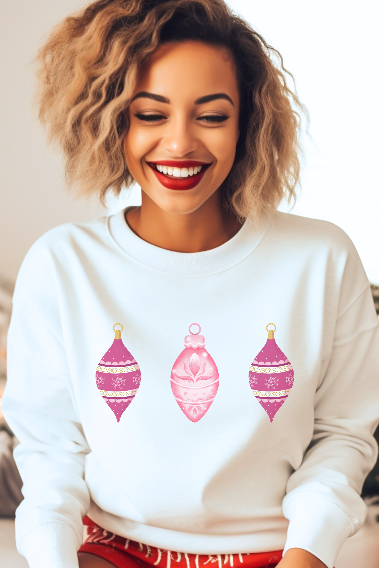 Cozy Christmas Sweatshirt with Pink Ornaments