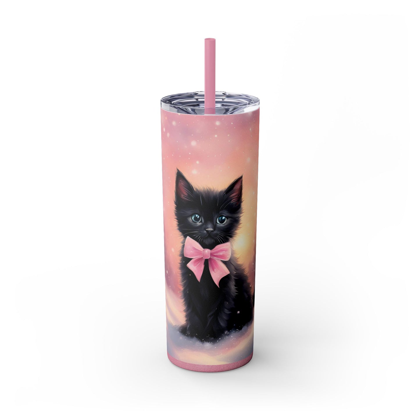 Winter Coquette Black Kitten with Pink Bow – 20oz Glossy Skinny Tumbler