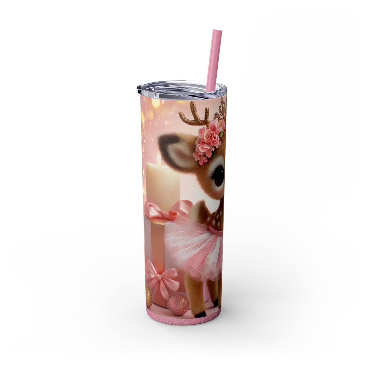 Christmas Reindeer Princess in Pink and White Striped Tutu 20oz Glossy Skinny Tumbler