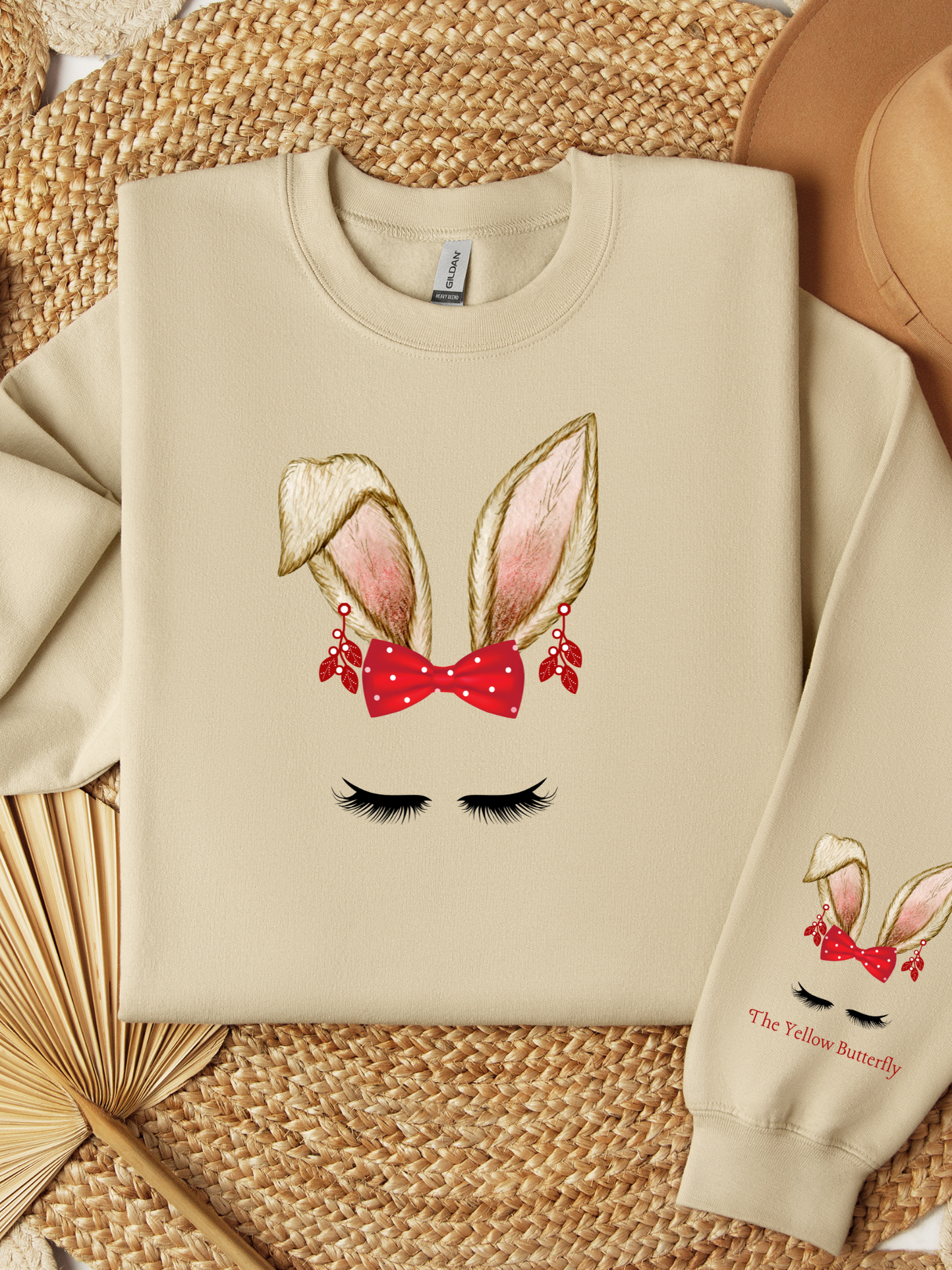 Christmas Bunny Ears Red Bow with Polka Dots and Dangle Earrings Sweatshirt