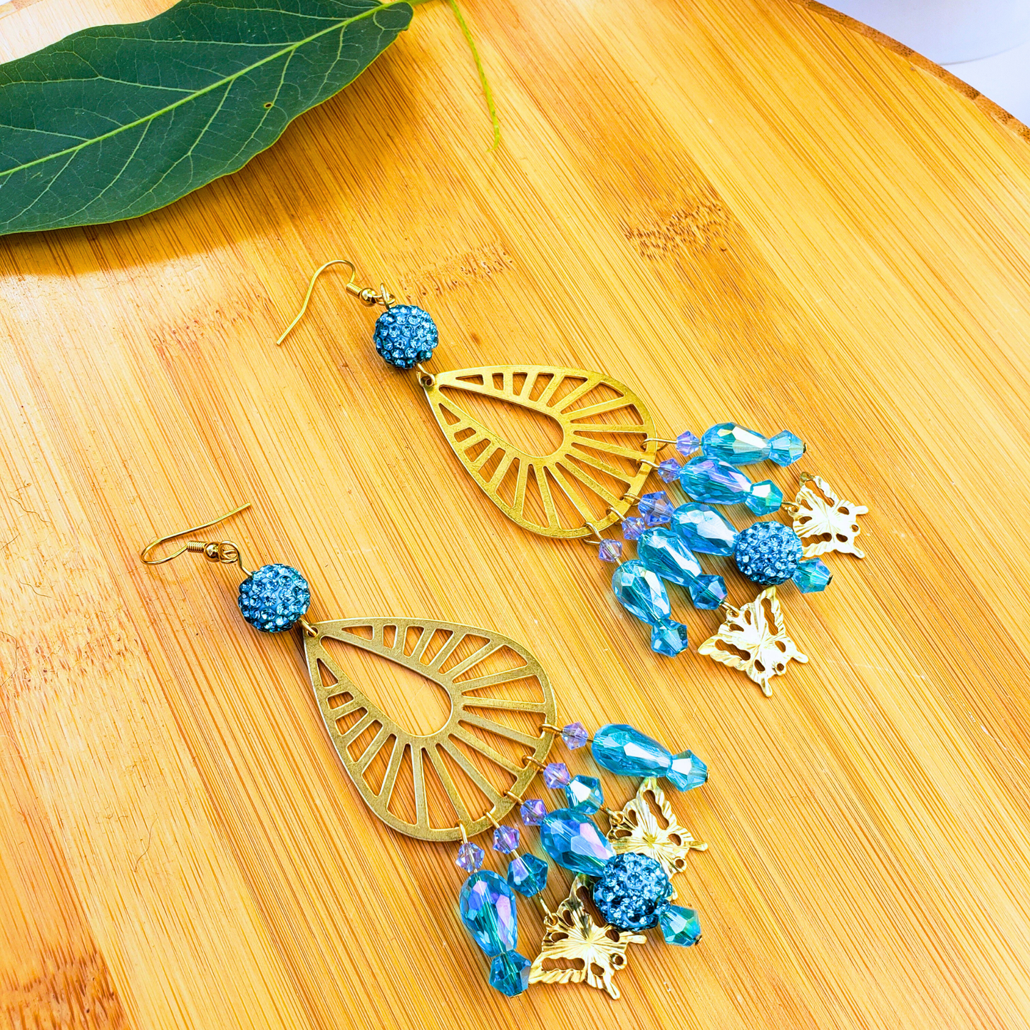 Golden Butterfly Chandelier Earrings with Blue Beads - Summer Elegance