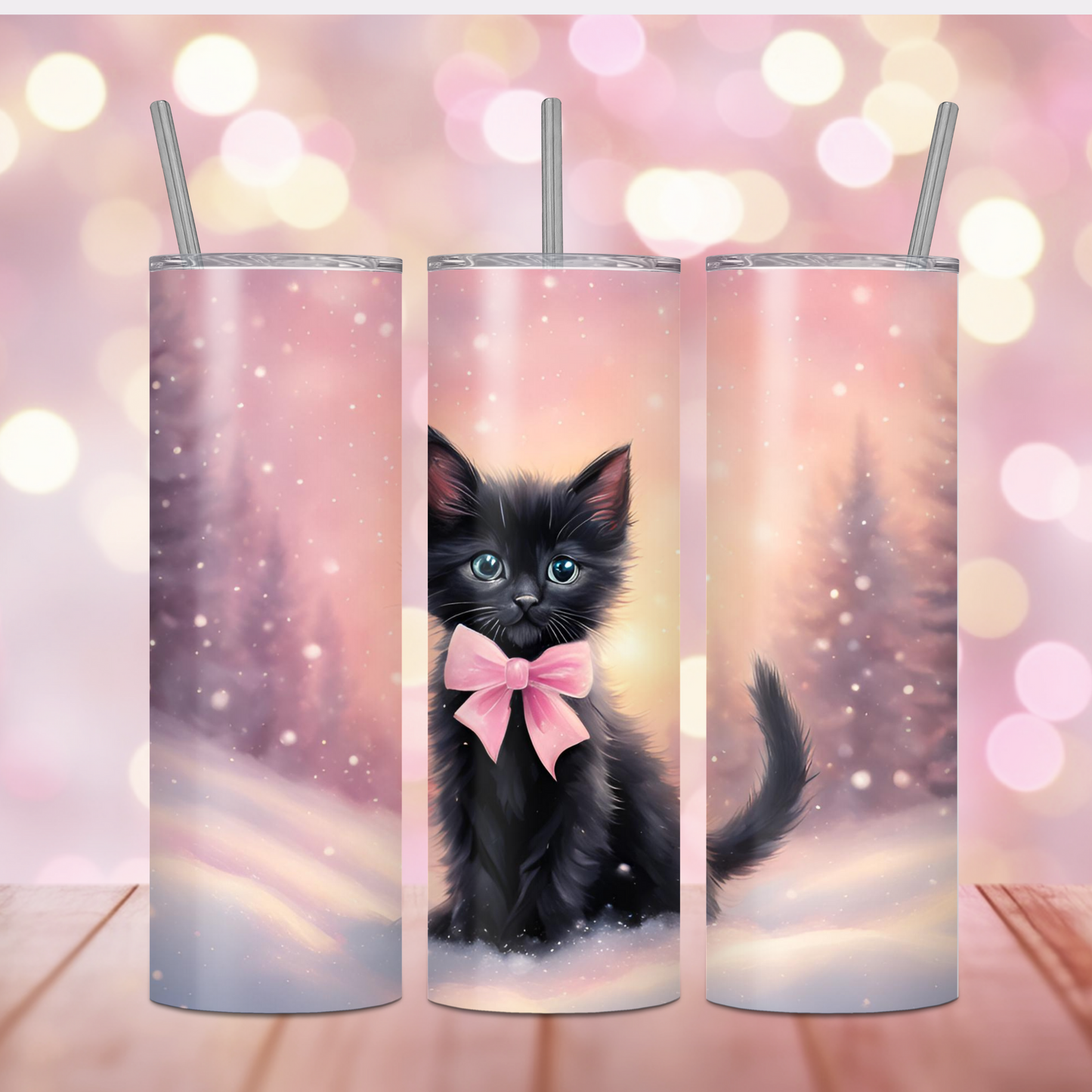 Winter Coquette Black Kitten with Pink Bow – 20oz Glossy Skinny Tumbler