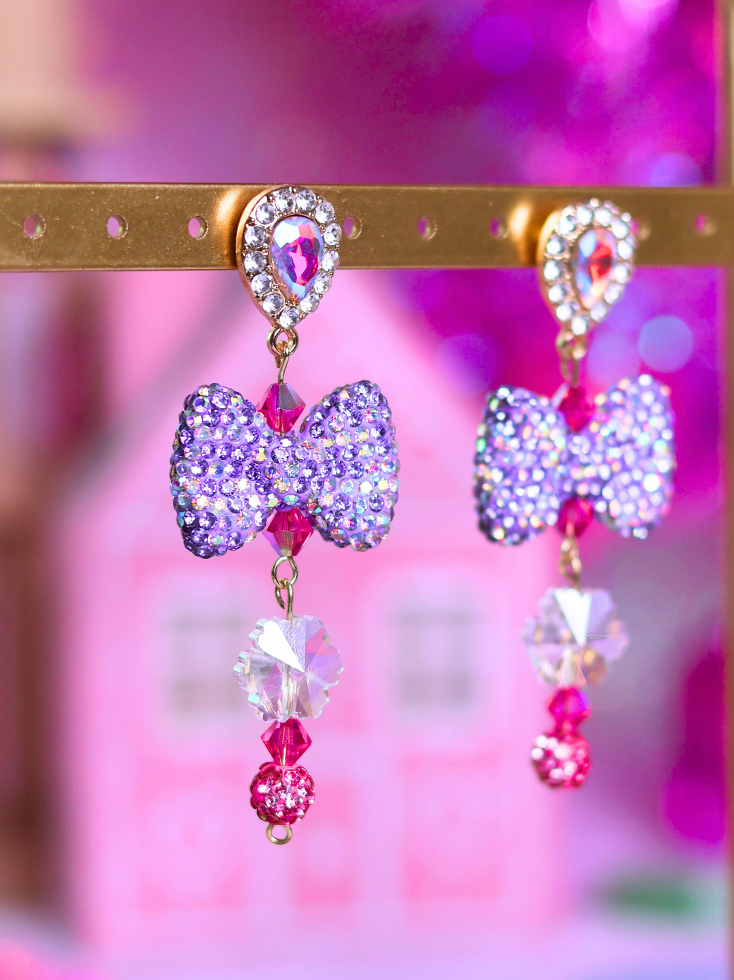 Pink Christmas Collection: Sparkling Bow Drop Earrings – Playful Glam for the Holiday Season