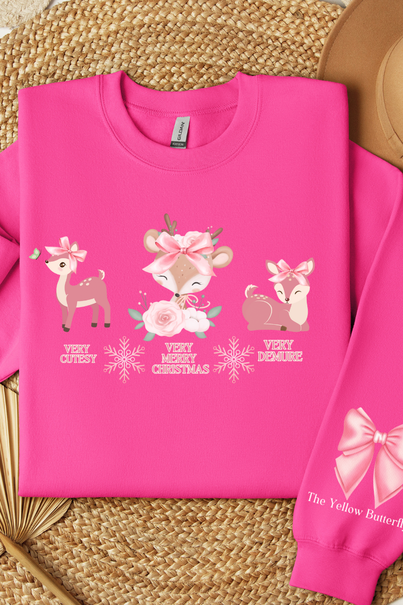 Cozy Very Cutesy Very Demure  Pink Reindeer Christmas Sweatshirt