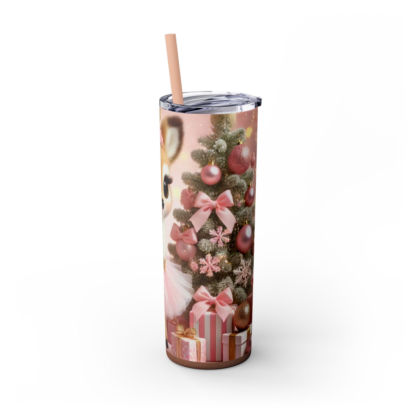 Christmas Reindeer Princess in Pink and White Striped Tutu 20oz Glossy Skinny Tumbler