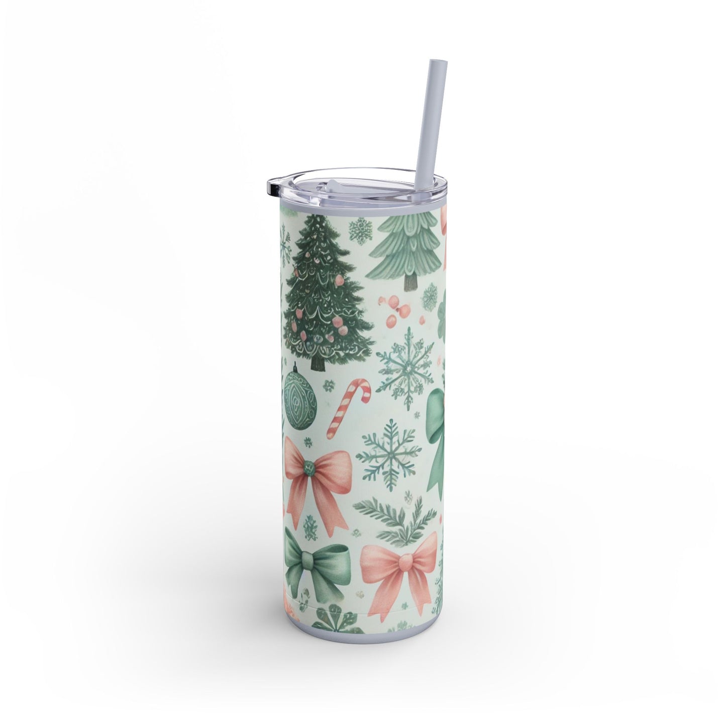 Festive Bow & Tree Skinny Matte Tumbler | 20oz Holiday Drinkware in Dusty Rose, Dusty Blue & Sea Glass