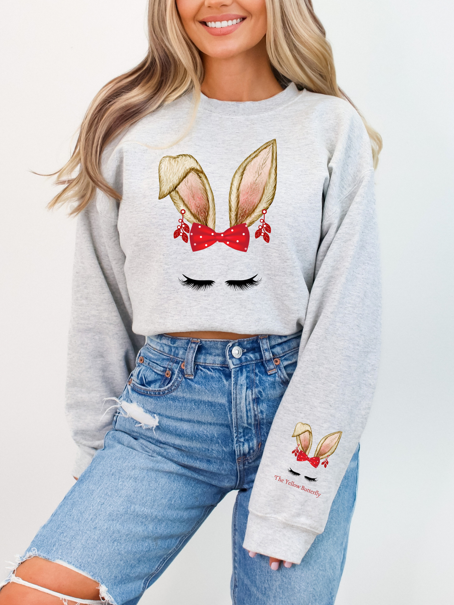 Christmas Bunny Ears Red Bow with Polka Dots and Dangle Earrings Sweatshirt