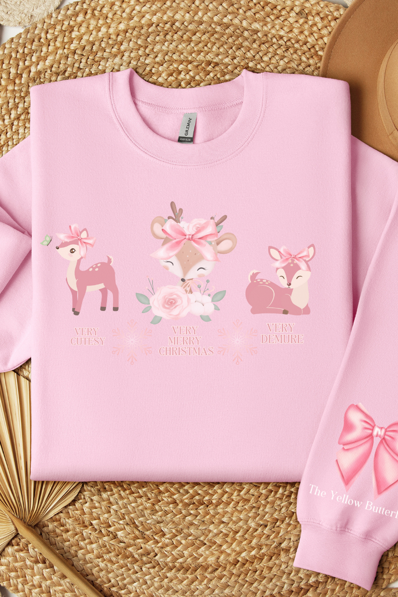 Cozy Very Cutesy Very Demure  Pink Reindeer Christmas Sweatshirt