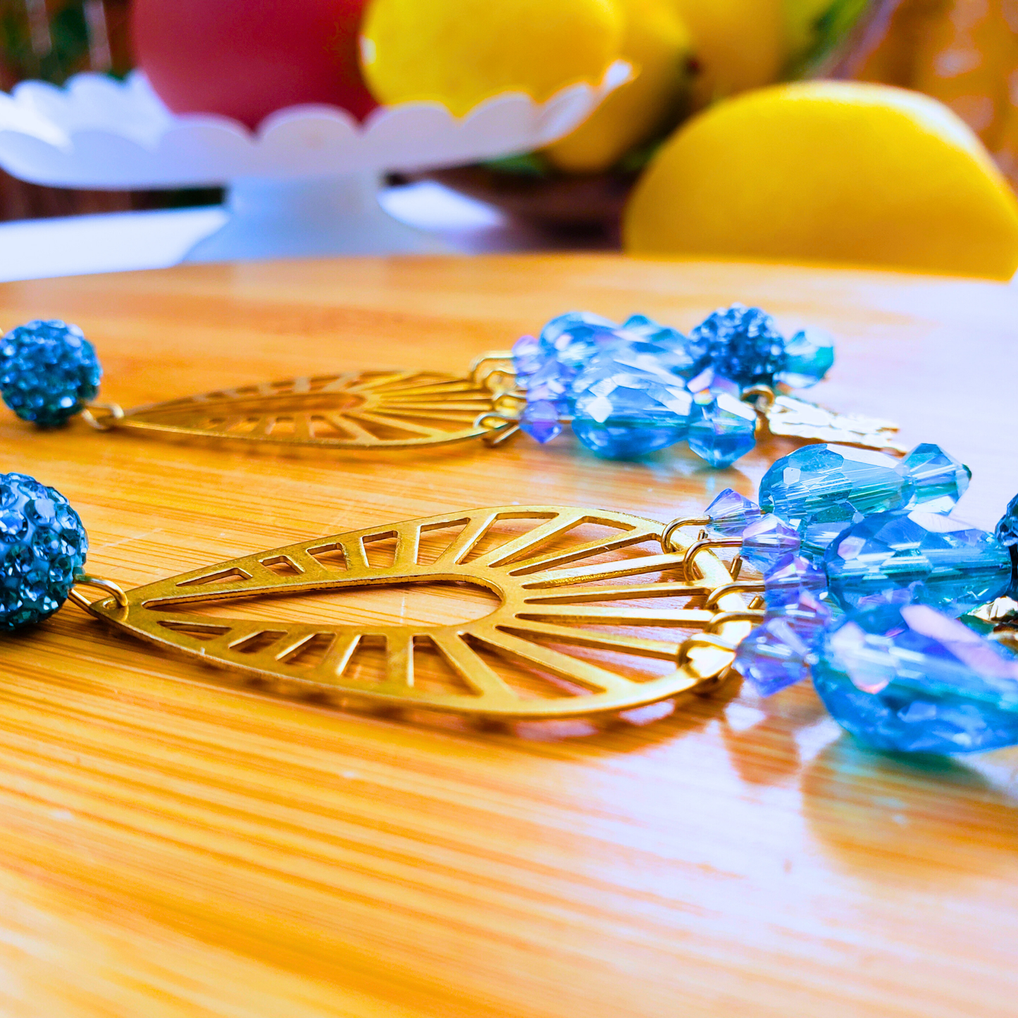 Golden Butterfly Chandelier Earrings with Blue Beads - Summer Elegance