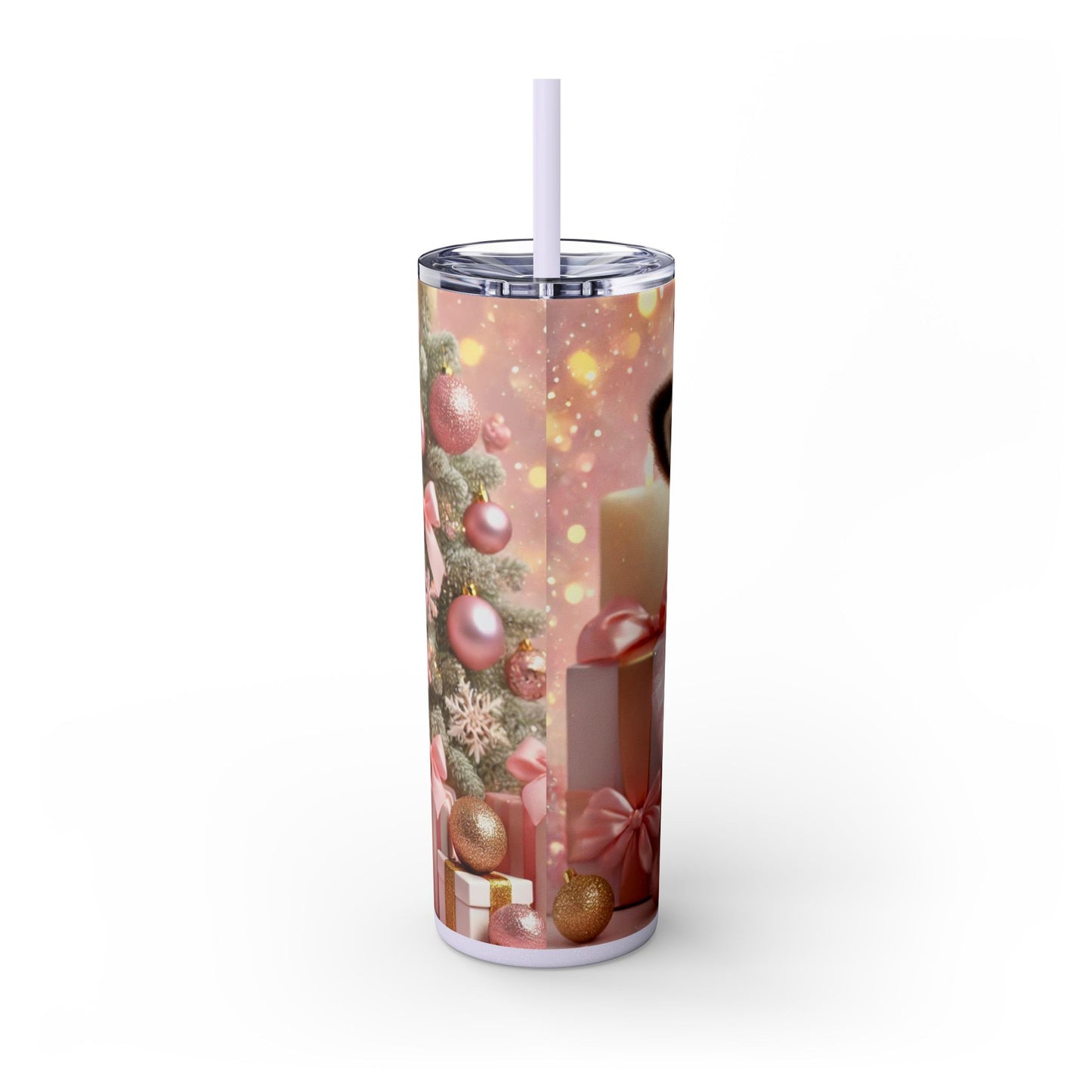 Christmas Reindeer Princess in Pink and White Striped Tutu 20oz Glossy Skinny Tumbler