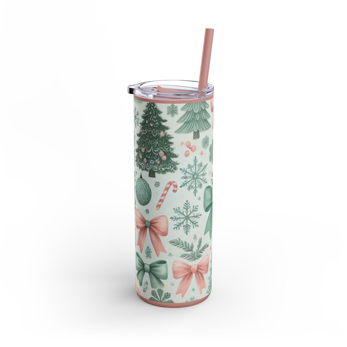 Festive Bow & Tree Skinny Matte Tumbler | 20oz Holiday Drinkware in Dusty Rose, Dusty Blue & Sea Glass