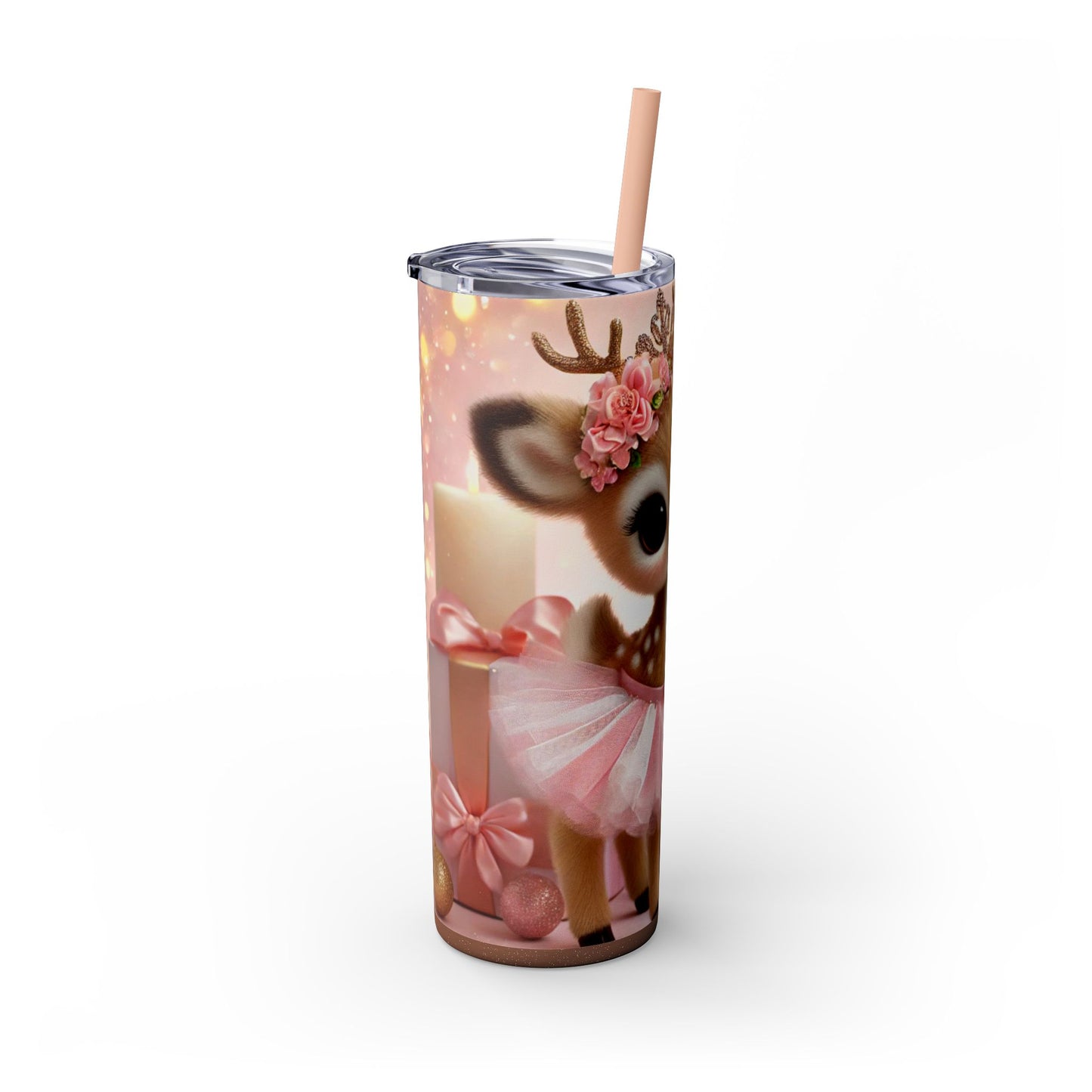 Christmas Reindeer Princess in Pink and White Striped Tutu 20oz Glossy Skinny Tumbler