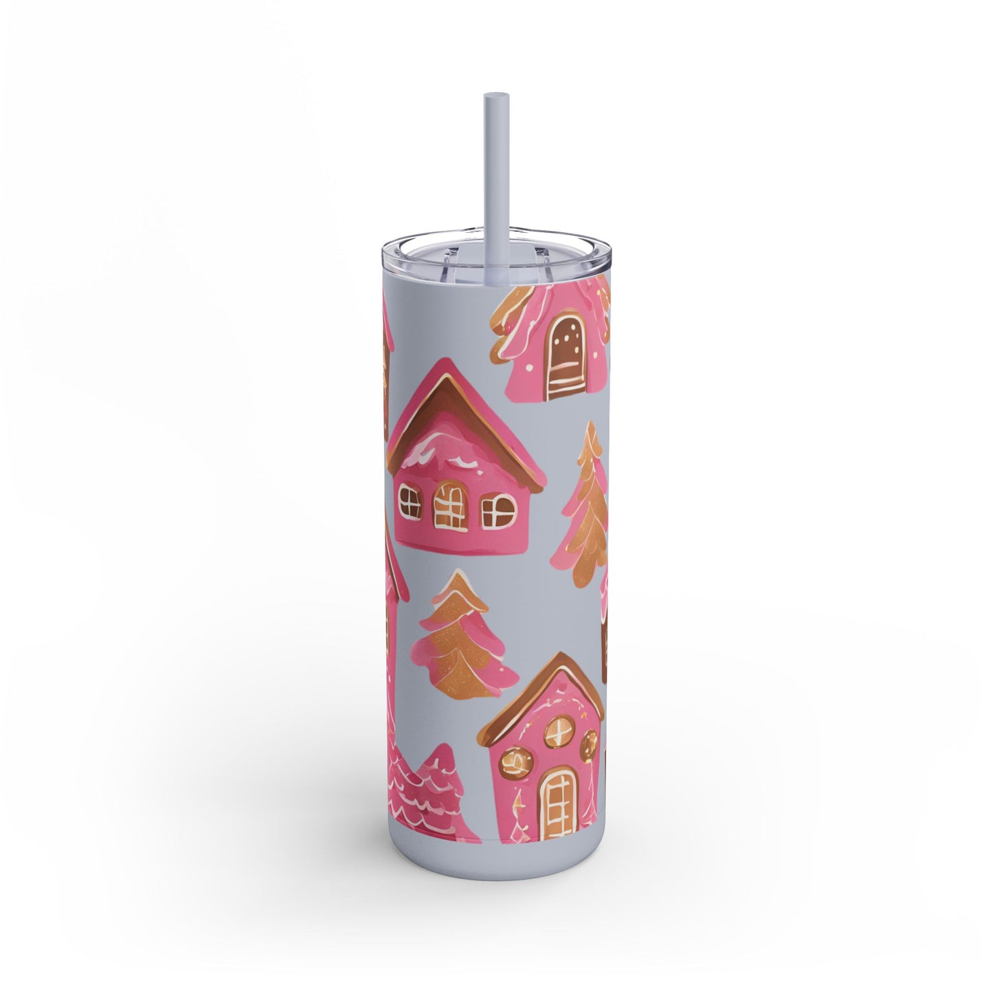 Pink Gingerbread Houses Skinny (MATTE) Tumbler – | 20oz Holiday Drinkware in Dusty Rose, Dusty Blue & Sea Glass