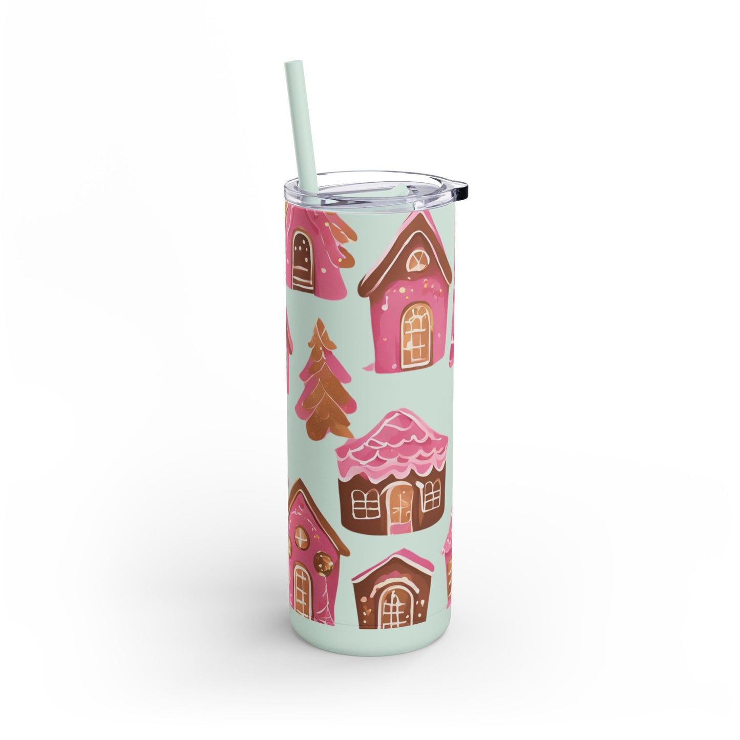 Pink Gingerbread Houses Skinny (MATTE) Tumbler – | 20oz Holiday Drinkware in Dusty Rose, Dusty Blue & Sea Glass