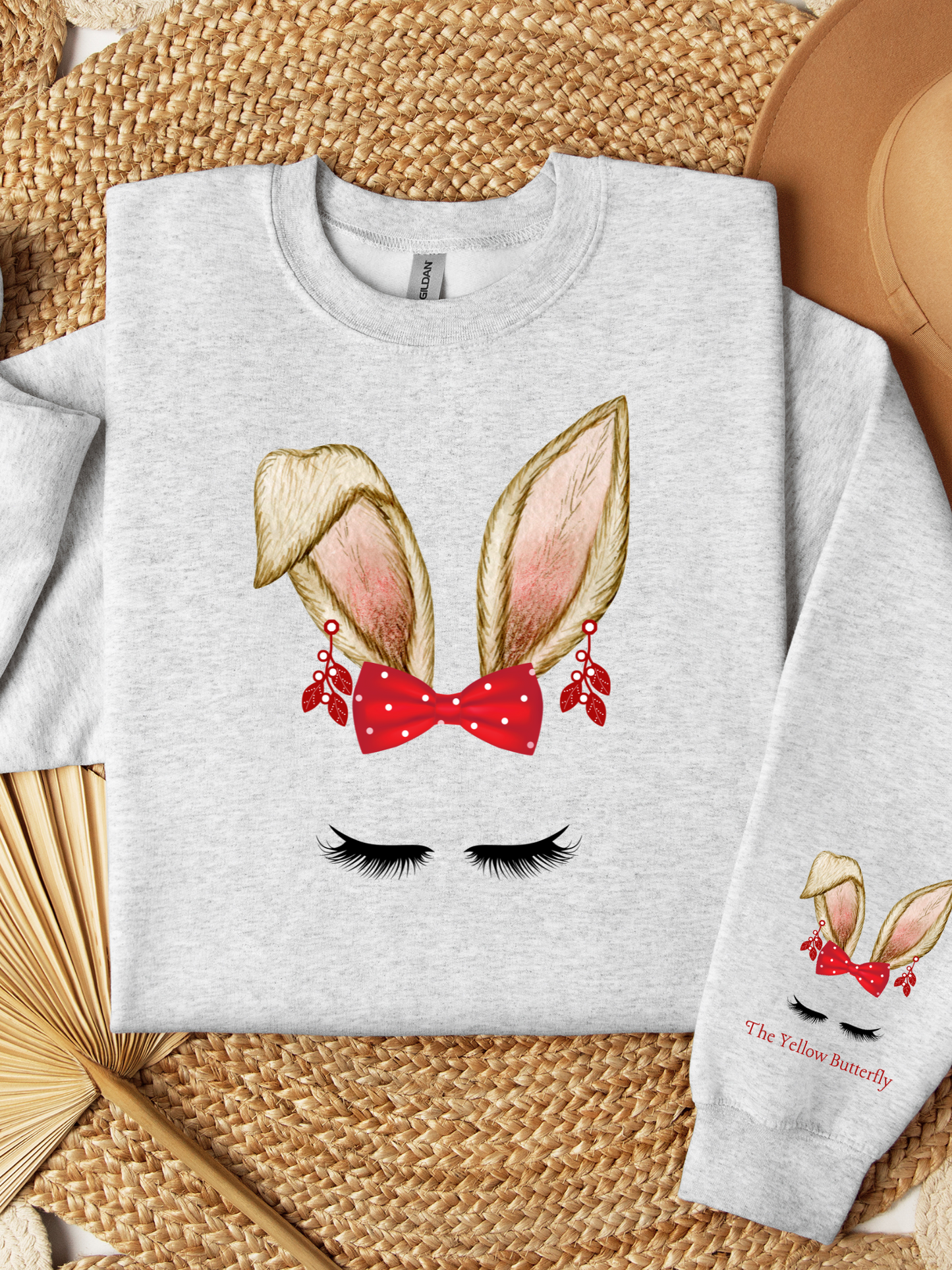 Christmas Bunny Ears Red Bow with Polka Dots and Dangle Earrings Sweatshirt