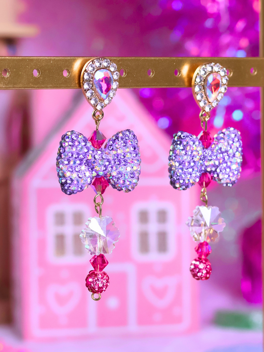 Pink Christmas Collection: Sparkling Bow Drop Earrings – Playful Glam for the Holiday Season