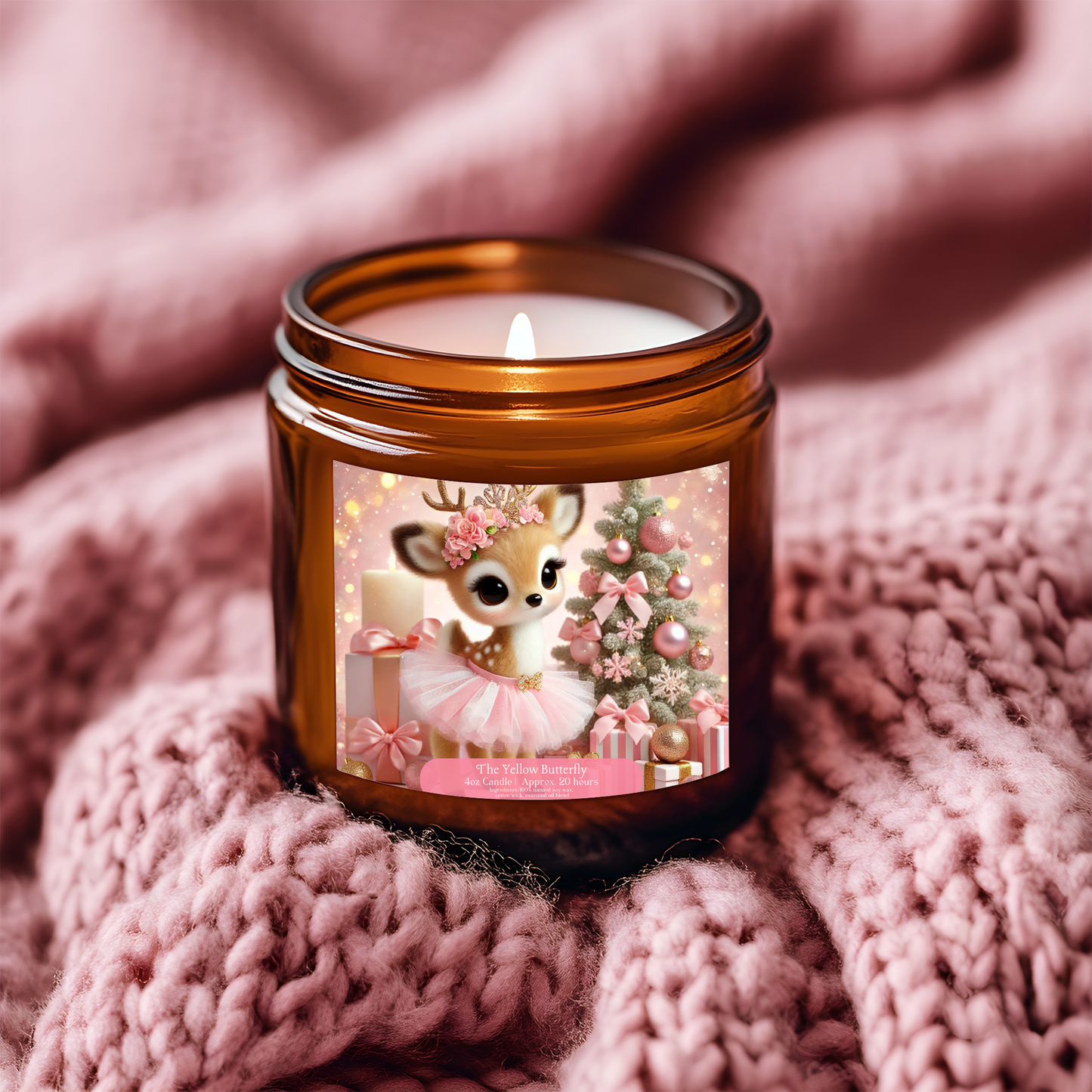 Pink Christmas Reindeer Soy Candle | Available in 4oz & 9oz | (Multi-Size, Amber Jar) by The Yellow Butterfly