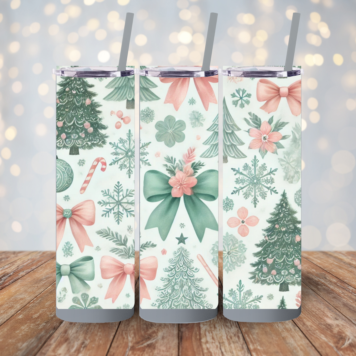 Festive Bow & Tree Skinny Matte Tumbler | 20oz Holiday Drinkware in Dusty Rose, Dusty Blue & Sea Glass