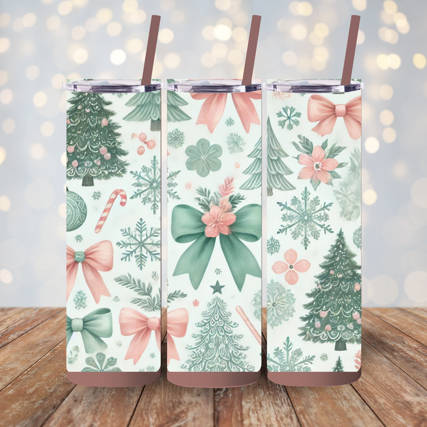 Festive Bow & Tree Skinny Matte Tumbler | 20oz Holiday Drinkware in Dusty Rose, Dusty Blue & Sea Glass