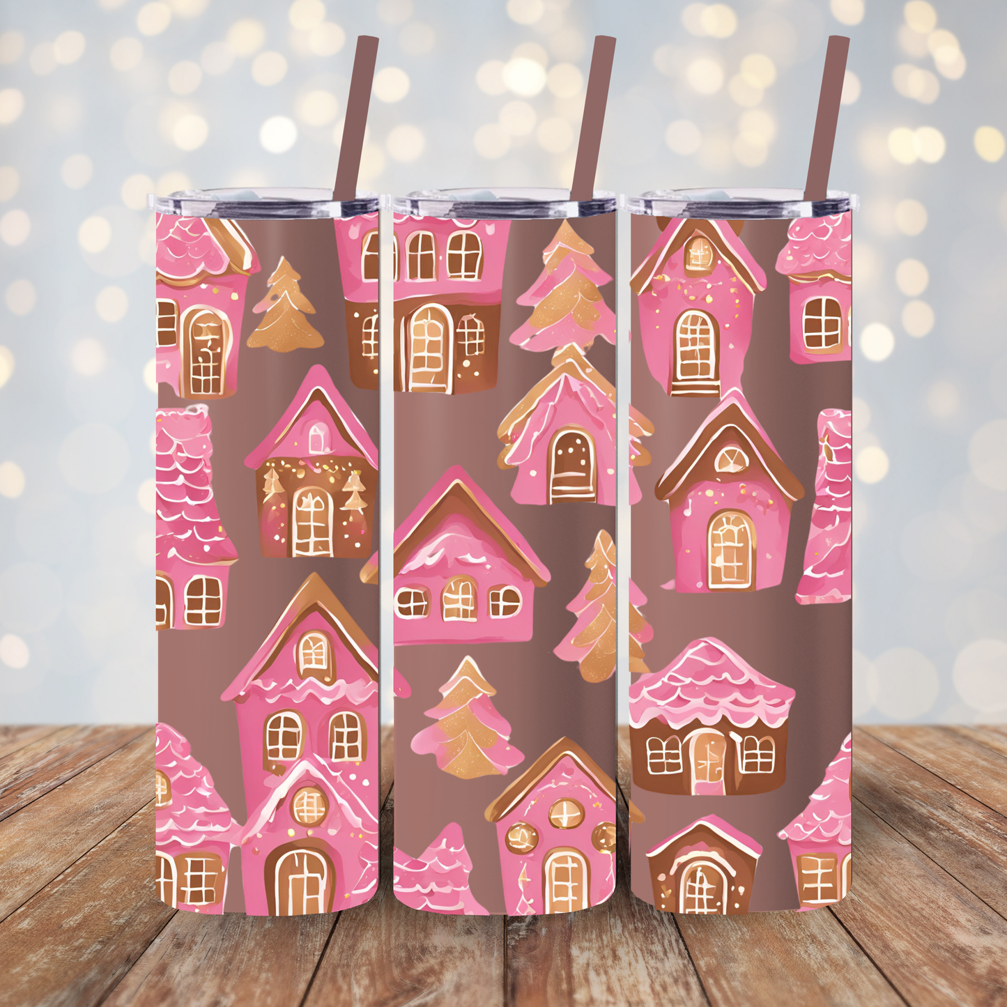 Pink Gingerbread Houses Skinny (MATTE) Tumbler – | 20oz Holiday Drinkware in Dusty Rose, Dusty Blue & Sea Glass