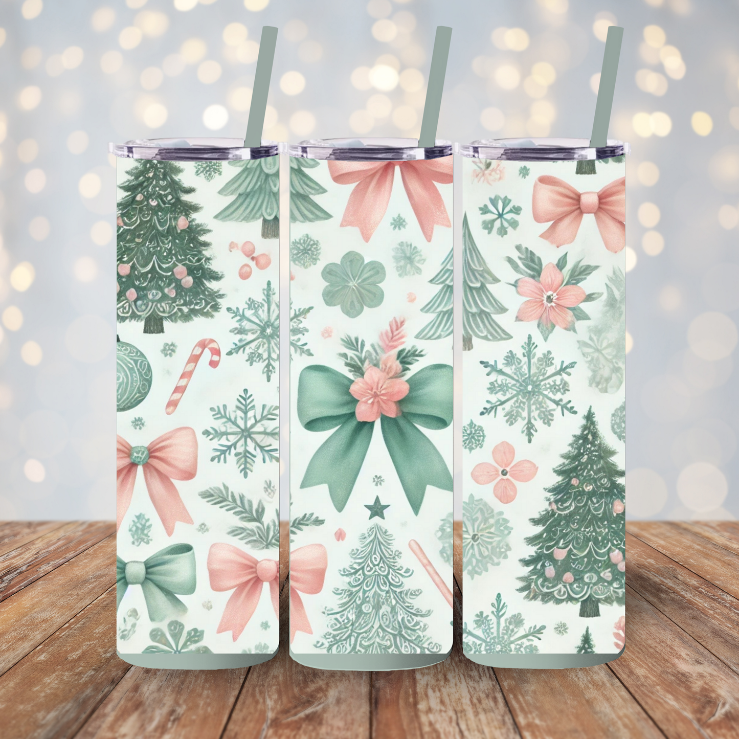 Festive Bow & Tree Skinny Matte Tumbler | 20oz Holiday Drinkware in Dusty Rose, Dusty Blue & Sea Glass