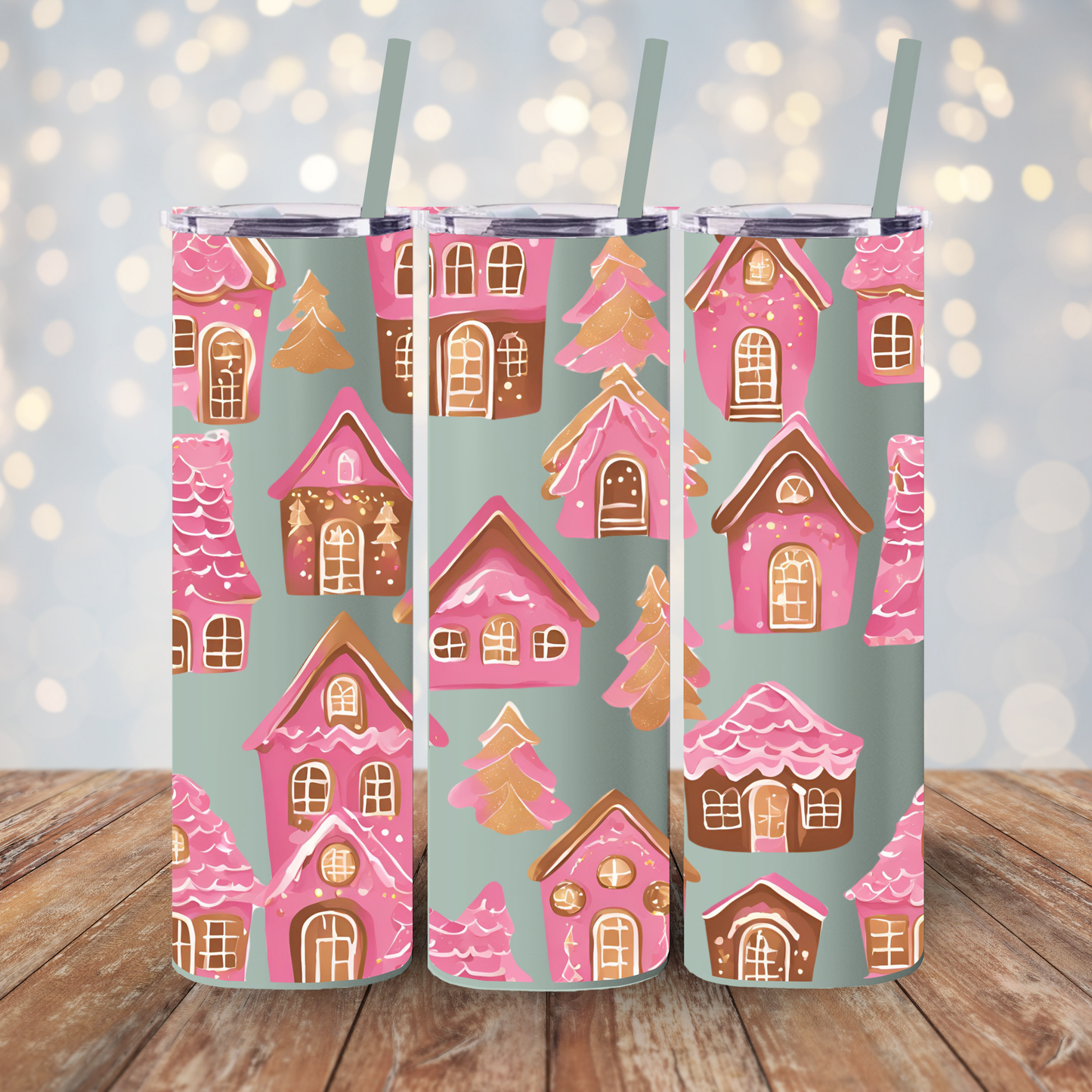 Pink Gingerbread Houses Skinny (MATTE) Tumbler – | 20oz Holiday Drinkware in Dusty Rose, Dusty Blue & Sea Glass