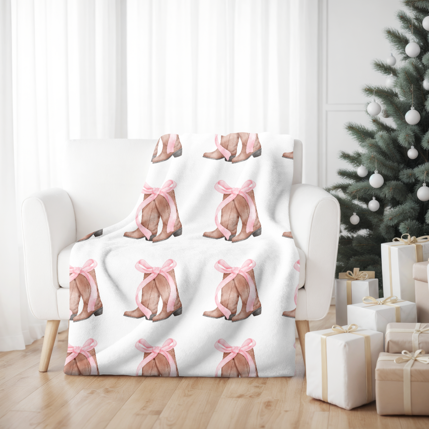 Pink Christmas Boots Fleece Blanket with Bow Design | Cozy Sherpa Blanket in 50"x60" & 60"x80" | The Yellow Butterfly