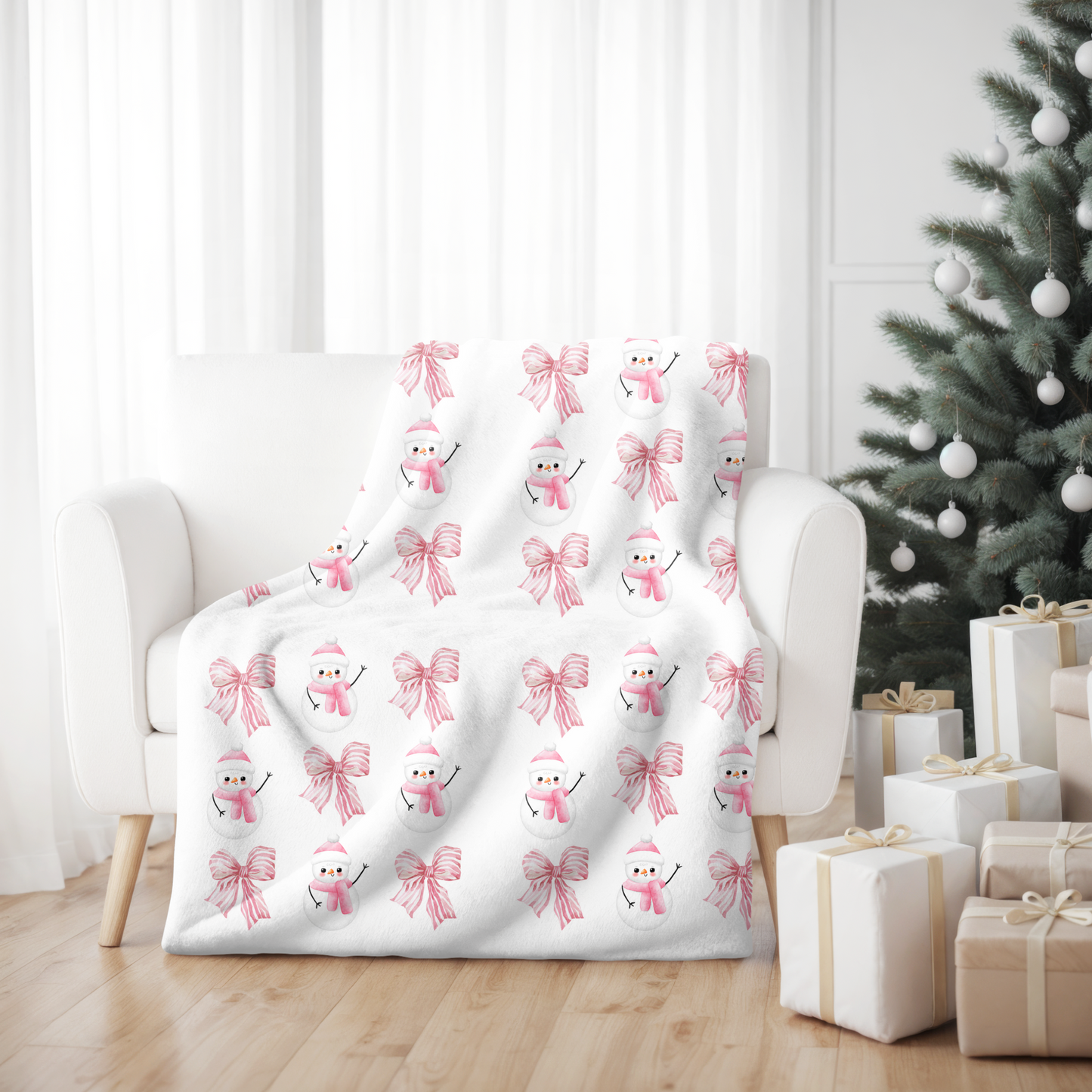 Pink Christmas Snowmen & Bows Fleece Blanket | Cozy Sherpa Blanket in 50"x60" & 60"x80" | The Yellow Butterfly