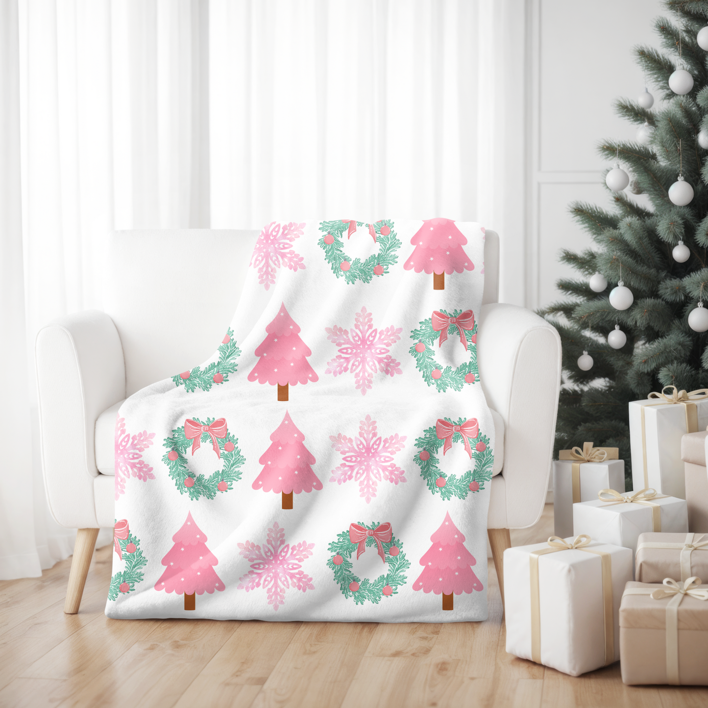 Pink Christmas Trees & Wreaths Fleece Blanket | Cozy Sherpa Blanket in 50"x60" & 60"x80" | The Yellow Butterfly