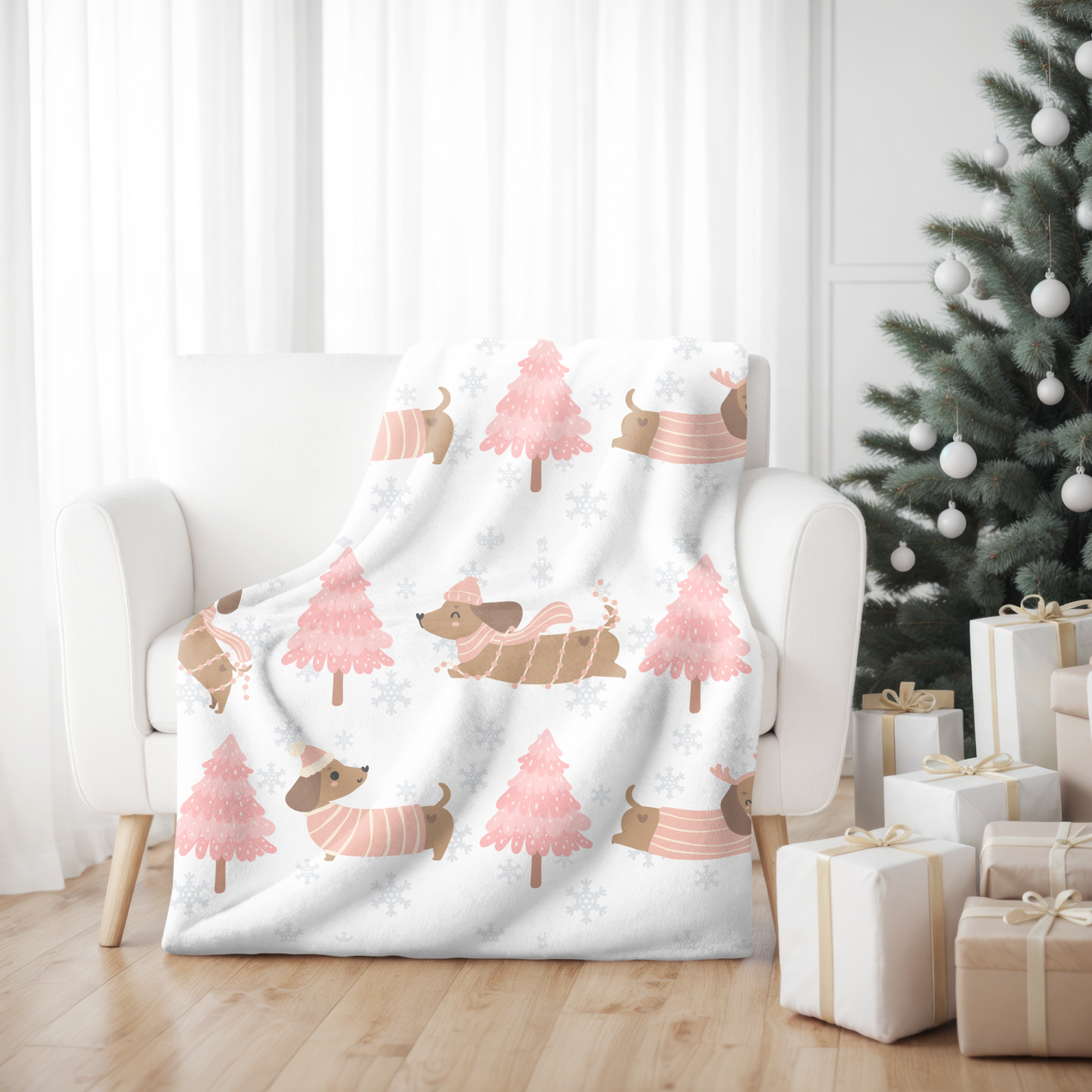 Pink Christmas Trees & Cute Dog | Cozy Sherpa Blanket in 50"x60" & 60"x80" | The Yellow Butterfly