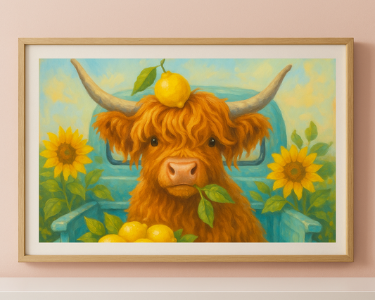 Cute Highland Cow with Lemons - Printable Artwork