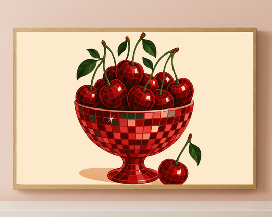 Disco Bowl of Cherries Printable Wall Art – Retro Fruit Kitchen Decor