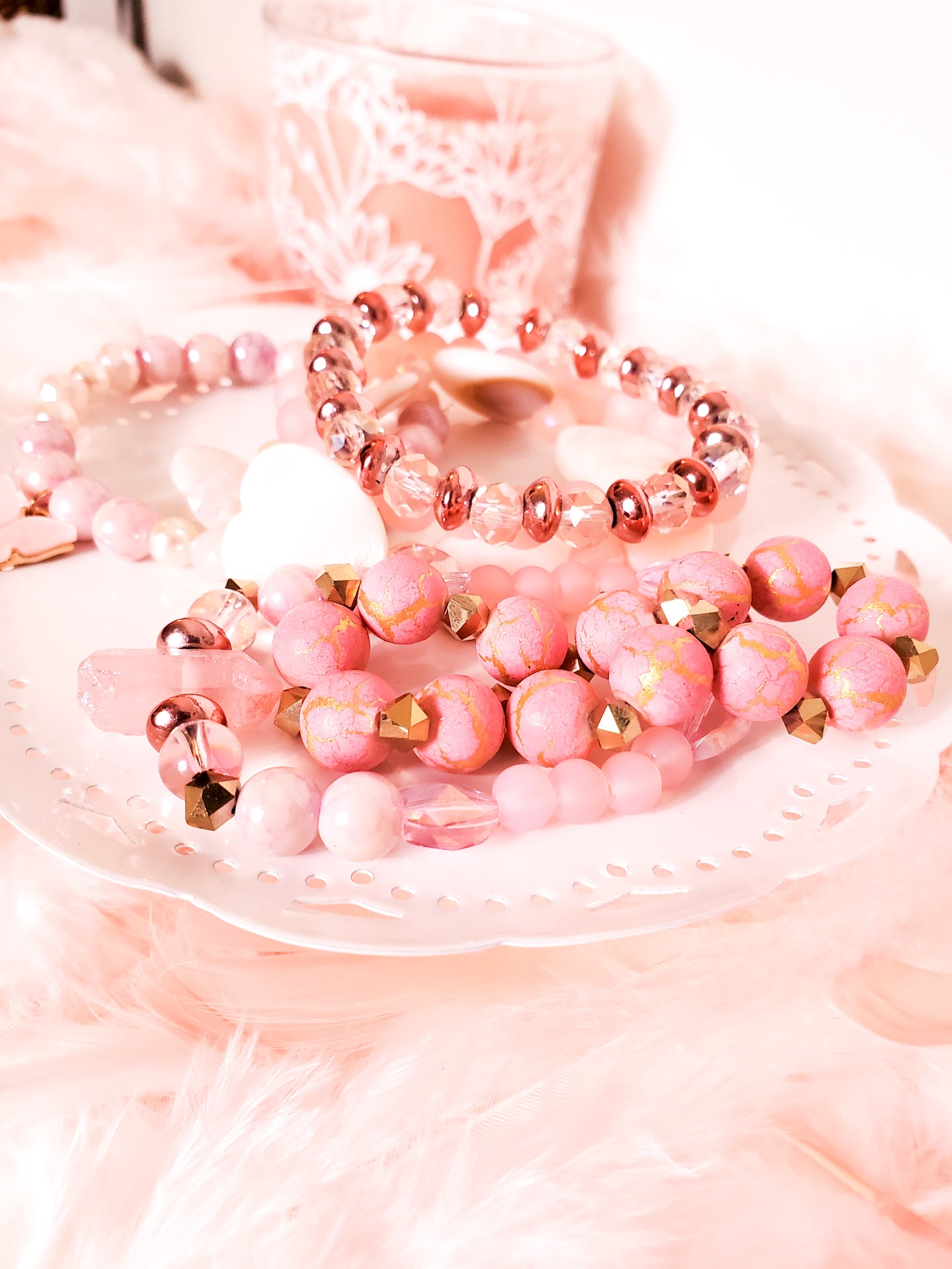 Pink Butterfly Charm Beaded Bracelet Stackable Stretch Bracelets Pink Beads